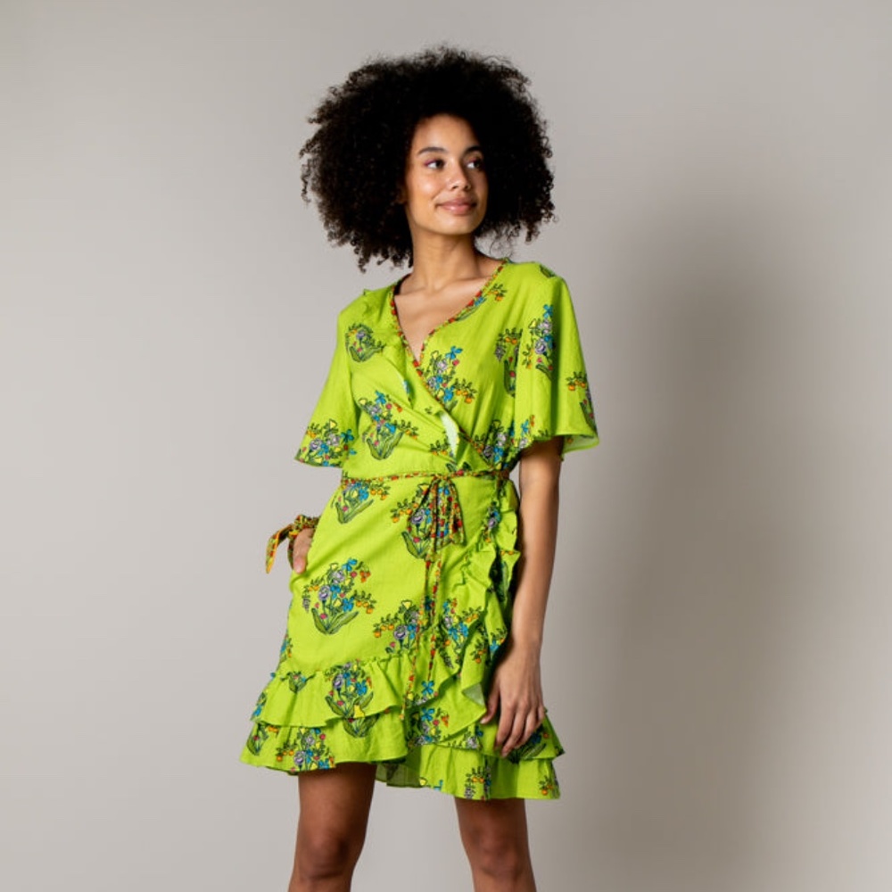 Rachel Antonoff Abby Wrap Dress in Lime Green Edible Arrangement Print